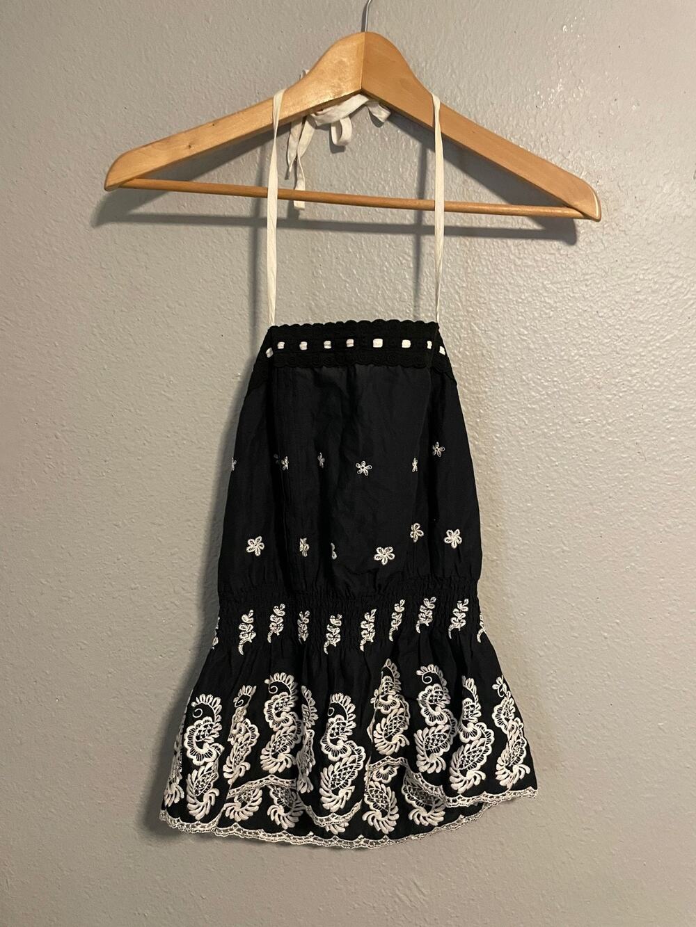 Womens Halter Top Small Black Floral Embroidered Festival Peasant Summer Y2K